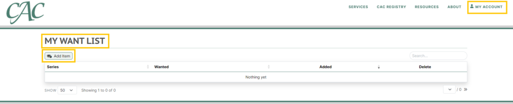 Computer screenshot of "My Want List" location.