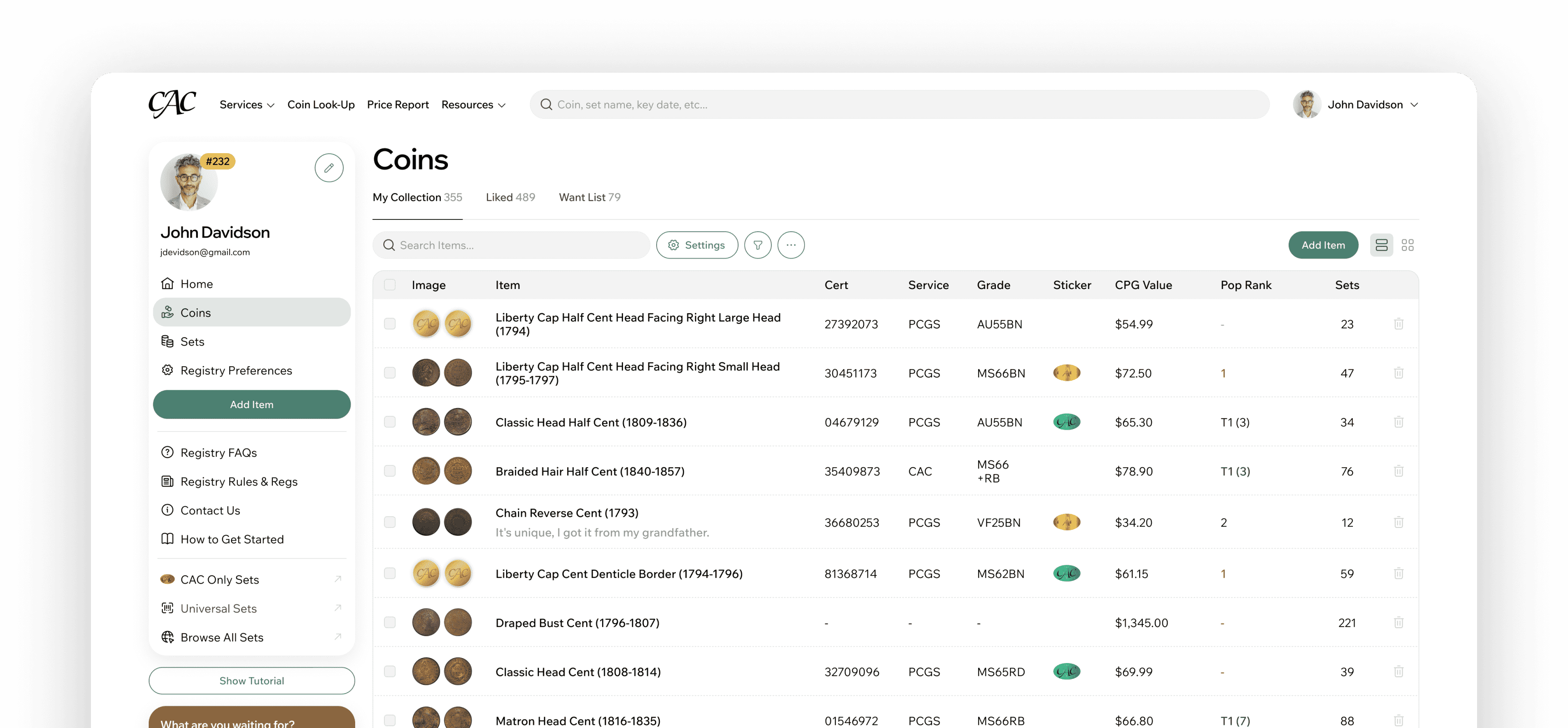 CAC Registry collection management screen